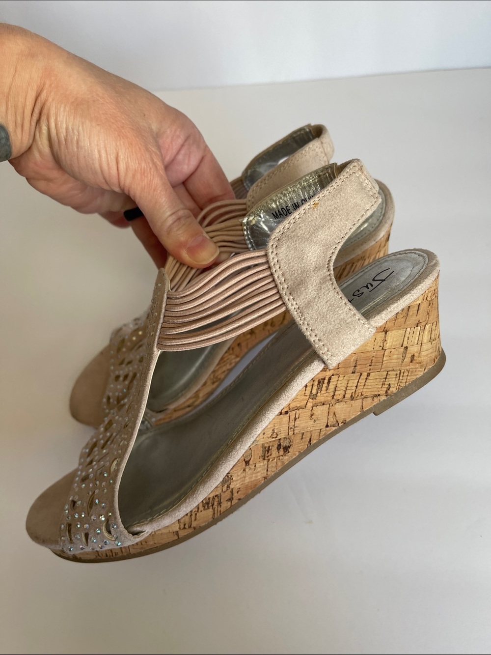 Justice faux suede wedge cork rhinestone sandals 7